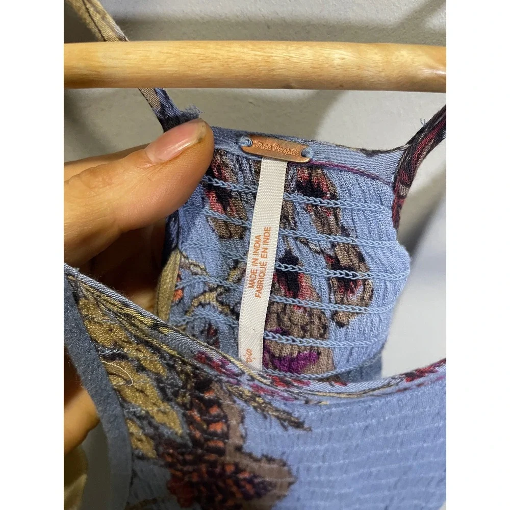 Free People Midi Dress Womens Small Blue Floral Smocked‎ Boho Summer